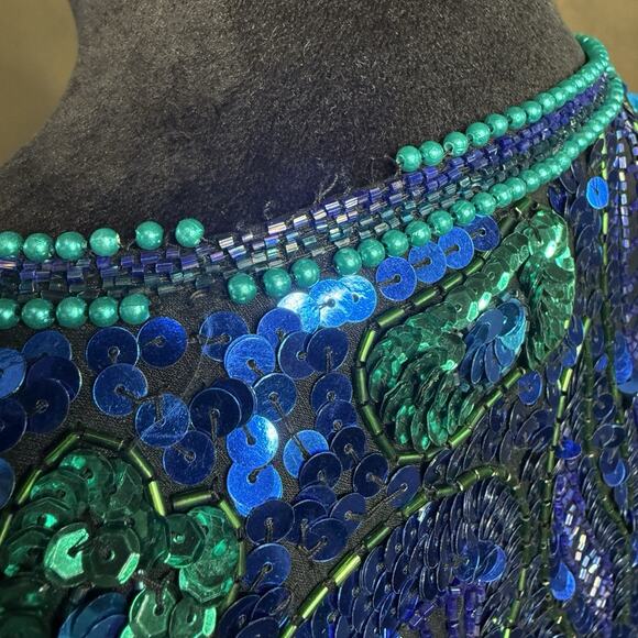 Vintage Laurence Kazar Silk Sequin Jacket XL Blue Green Beaded Evening Coat 80s - Picture 6 of 10